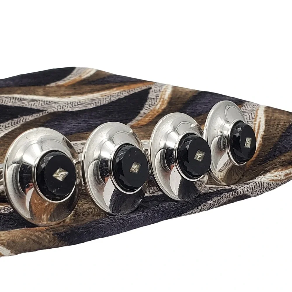 Black Onyx Crystal Cufflinks Silver Tone Shields 5th Avenue Suit Accessory Set 2